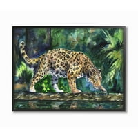 Stupell Industries Jaguar Velika mačka životinja zelena akvarelna slika uokvirena Giclee teksturizirana umjetnost