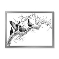 Dizajnerski crtež golubovi koji sjede na grani drveta, tradicionalni uokvireni umjetnički otisak