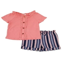 Odjeća za djevojčice koraljno ružičasta tamnoplava košulja na kopčanje, gornji dio, prugaste kratke hlače, od