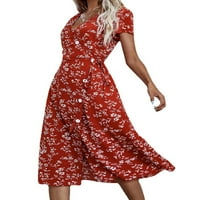 Eleluny Women v Neck Cvjetni Midi Slit haljina za odmor za zabavu plaža casual haljine crvena xl