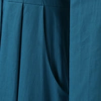 Ženska pamučna lanena haljina s dugim rukavima, duge haljine s džepovima u plavoj boji