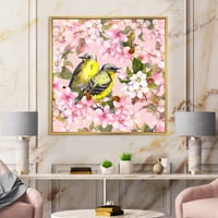 Ptice na ružičastoj cherry sakura i cvjetovi jabuka Uokvireni su slikanje platna umjetnički tisak