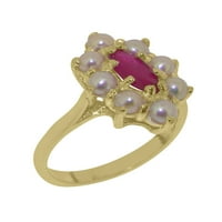 Ženski prsten od 10k žutog zlata s prirodnim rubinom i kultiviranim biserima britanske proizvodnje-opcije veličine