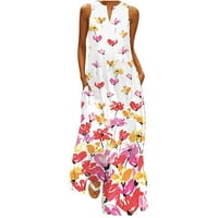 Sundresses za žene bez rukava a-line maxi tiskane ljetne haljine Zarez vrata trendovske haljine vruće ružičaste