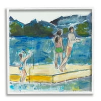 Stupell prikazuje djecu na pristaništu za plivanje apstraktna moderna Scena na jezeru, 17 godina, Dizajn Snne