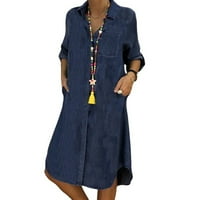 Haljine za žene ležerna jednobojna ljetna haljina A kroja s dugim rukavima u tamnoplavoj boji od 3 inča