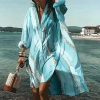 Sinimoko ženski modni ispis labav V gumb dugih rukava Down Midi haljine