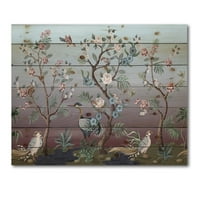 DesignArt 'chinoiserie s peonijima i pticama xi' tradicionalni tisak na prirodnom borovom drvetu