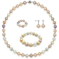 Set od 4 komada: raznobojna ružičasta ogrlica od slatkovodnih bisera, srebrni lanac od 18 s kopčom za kuglu, elastična