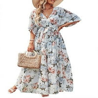 Jkerther ženska cvjetna haljina za plažu s V-izrezom Pola rukava Visoka proreza Maxi haljina Summer Flowy Casual