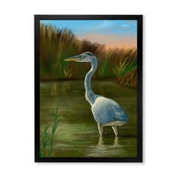 Dizajnerski uzorak plava čaplja, močvarna ptica uz jezero, uokvireni tradicionalni umjetnički otisak