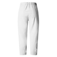 Posteljine hlače Žene ljeto Capris Visoki struk s tiskanim hlačama s širokim nogama džepovi Cinch Donj hlača bijela