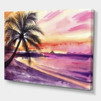 DesignArt 'Purple and Pink Palm Beach Sunset' Nautical & Coast Canvas Wall Art Print