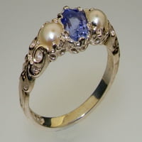 Ženski prsten od bijelog zlata od 18 karata s prirodnim tanzanitom i kultiviranim biserima britanske proizvodnje-opcije