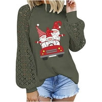 Božićne žene ležerne pulover dugih rukava Top Crewneck čipka Crochet Lagana pletenica vojska zelena- XL