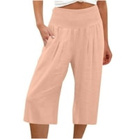 Capri lanene hlače za žene povremene čvrste pamučne lanene elastične struke duge široke hlače za noge vrećane