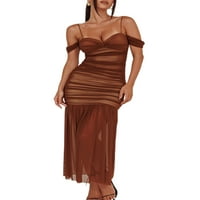 Ženska slip haljina, duga haljina od plisiranog tila s naramenicama za špagete bez leđa, ljetna koktel haljina