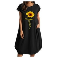 Ljetna haljina za žene Ženska ležerna lanena haljina s okruglim vratom s printom kratkih rukava široke haljine