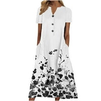 Tking Fashion Womens Summer Casual labava tiskana haljina kratka rukava V vrat džep Midi haljine za žene mornarice