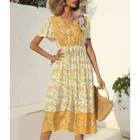 Ljetne haljine za žene srednje dužine modno kratki rukav A-Line A-Line tiskana V-izreza žuta l