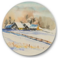 Dizajnerska umjetnost malo selo u večernjim satima prekriveno snijegom Tradicionalni kružni metalni zidni umjetnički
