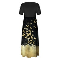 Duga Maksi haljina s ramena za žene, ljetna haljina kratkih rukava sa slatkim printom leptira, Okrugli vrat, prošiveni
