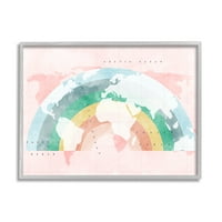 Dječja ružičasta karta svijeta s modernom Duginom grafikom, zidni ispis u sivom okviru, 30.24