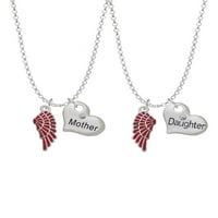 19+2srebrne poluprozirne ogrlice u obliku srca s crvenim anđeoskim krilom za majku i kćer