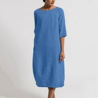 Haljine za žene modni okrugli vrat labavi kratki rukavi čvrsta haljina od srednjih teleta dugačka haljina plava