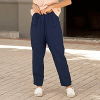Pamučne lanene hlače Za Žene, Ležerne široke široke hlače, modne jednobojne hlače s elastičnim elastičnim strukom