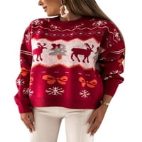Ženski topli Božićni pleteni džemper s printom Elka, udobni džemperi, vrhovi, šik široki Božićni džemperi s dugim