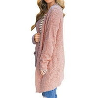 Ženski džemperi s otvorenim prednjim kardiganom, plišani jednobojni džemper s kardiganom s džepom u ružičastoj