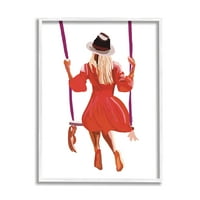 Stupell Industries Woman koja nosi crvenu haljinu opuštajući park Swing Grafička umjetnost bijela uokvirena umjetnička