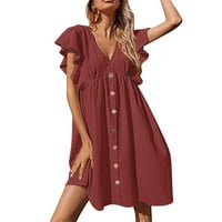 Ženska ljetna ležerna haljina s izrezom i gumbima u obliku slova u, jednobojna haljina kratkih rukava, ljetne