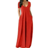 Ženska široka duga haljina s kratkim rukavima s džepovima u crvenoj boji od 5 inča