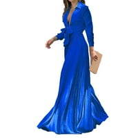 Ženska haljina s visokim strukom i dugim rukavima, duboki izrez u obliku slova u, lagana Francuska duga haljina