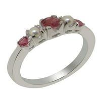 Zapanjujući ženski prsten od bijelog zlata od 18 karata s prirodnim ružičastim turmalinom i kultiviranim biserima
