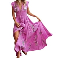 Drindf haljine na plaži za žene ljeto v vrat kapica rukava maxi haljina trendi cvjetni print šuplja out boho haljina